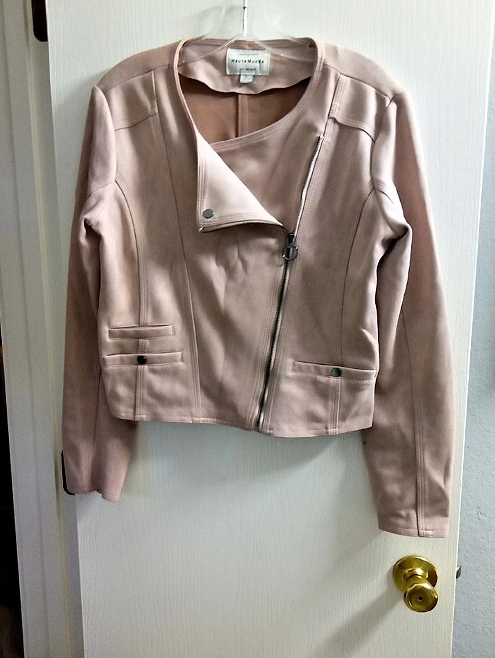 Haute Monde Casual Faux Suede Moto Jacket in Pink